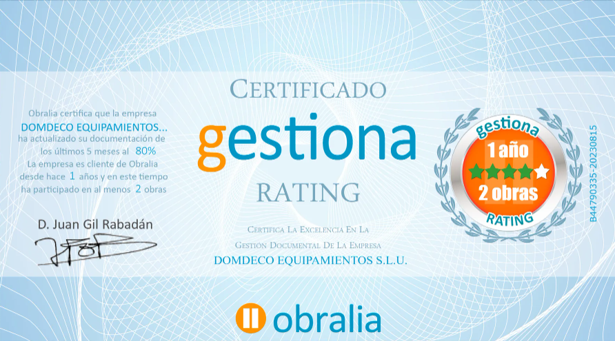Certificado Gestiona Rating de Obralia de DOMDECO EQUIPAMIENTOS S.L.U.